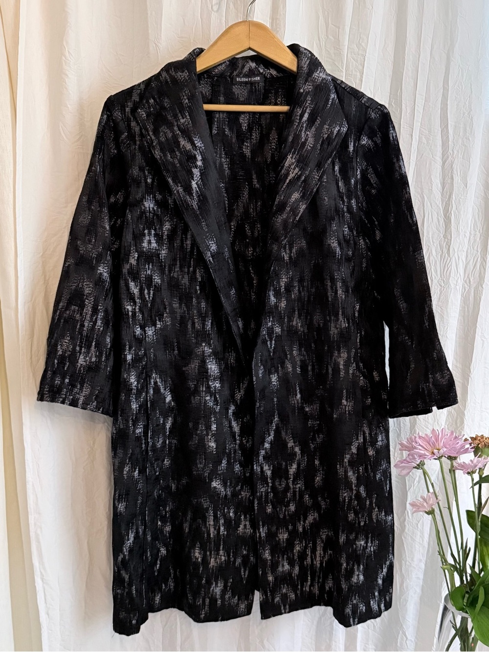 NWOT Eileen Fisher Womens Large Black Silver Metallic Jacket Longline Open Front